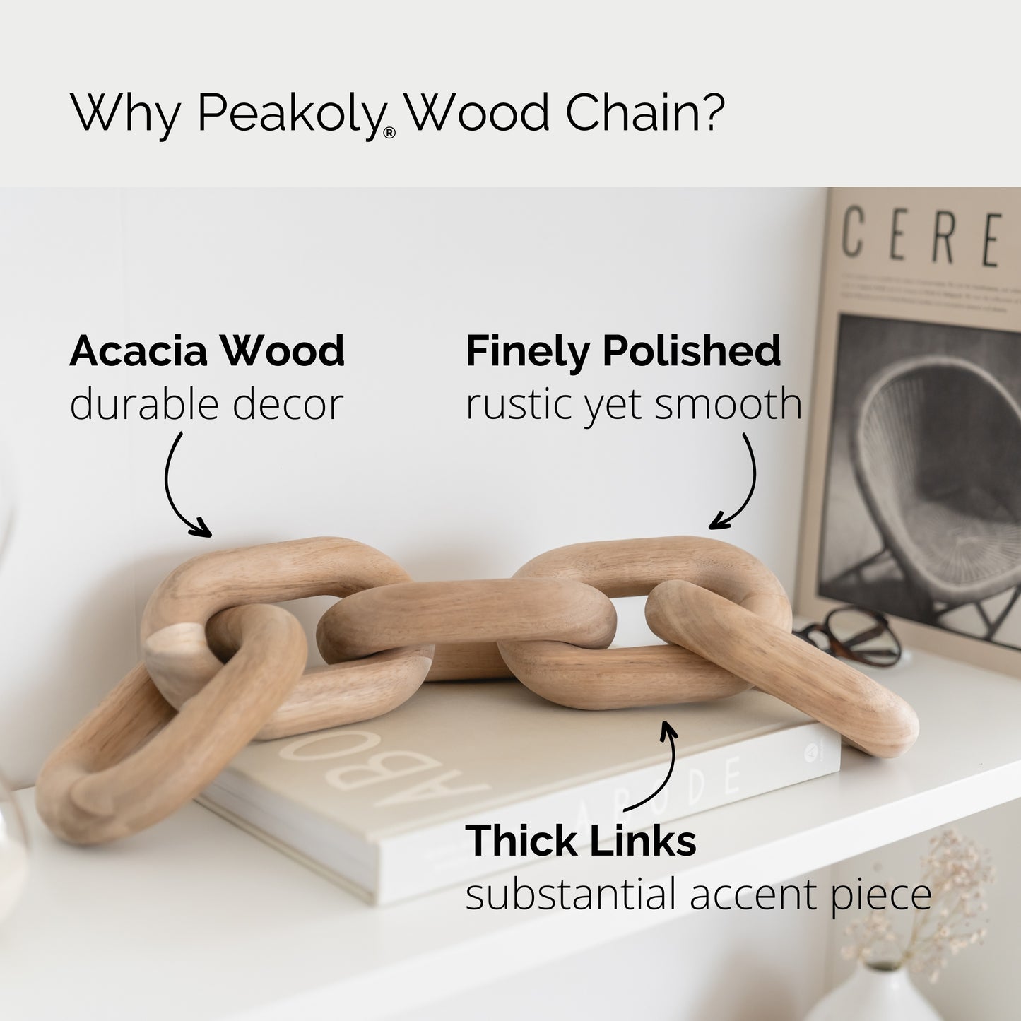 Acacia Wood Chain Link Decor - Perfect Rustic Wooden Decor For Coffee Table and Bookshelf